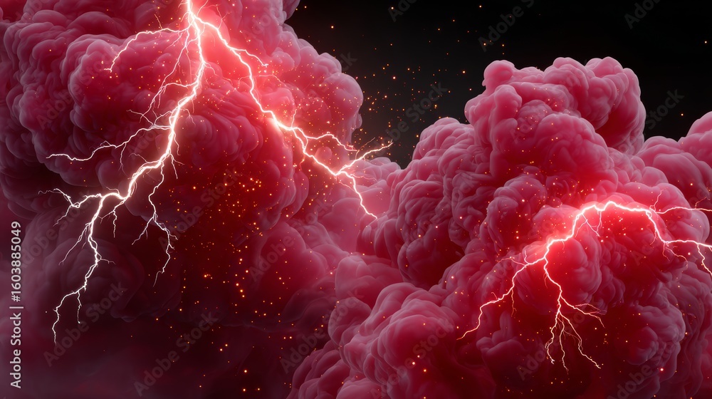 Poster red cloud with lightning bolts is shown in the image. the red color of the cloud and the lightning b