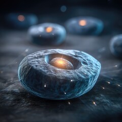 Close-up of a cell, glowing core, dark background