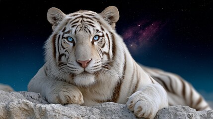 White tiger is laying on a rock with its eyes closed. The image has a calm and peaceful mood, as the tiger appears to be resting and enjoying the moment
