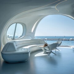 Modern white interior overlooking ocean