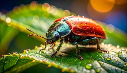 Fototapeta premium Close-up of a colorful beetle on a dewy leaf
