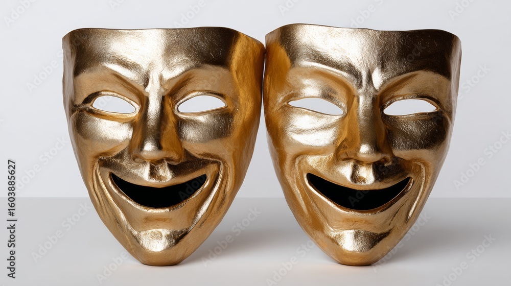 Poster two golden masks with smiling faces on a white background. the masks are designed to look like they 