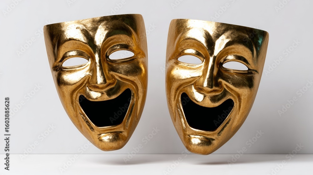Poster two golden masks with smiling faces. the masks are upside down and appear to be floating in the air
