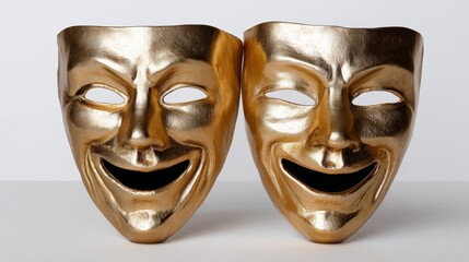 Two golden masks with smiling faces on a white background. The masks are designed to look like they are from a play or a theatrical performance