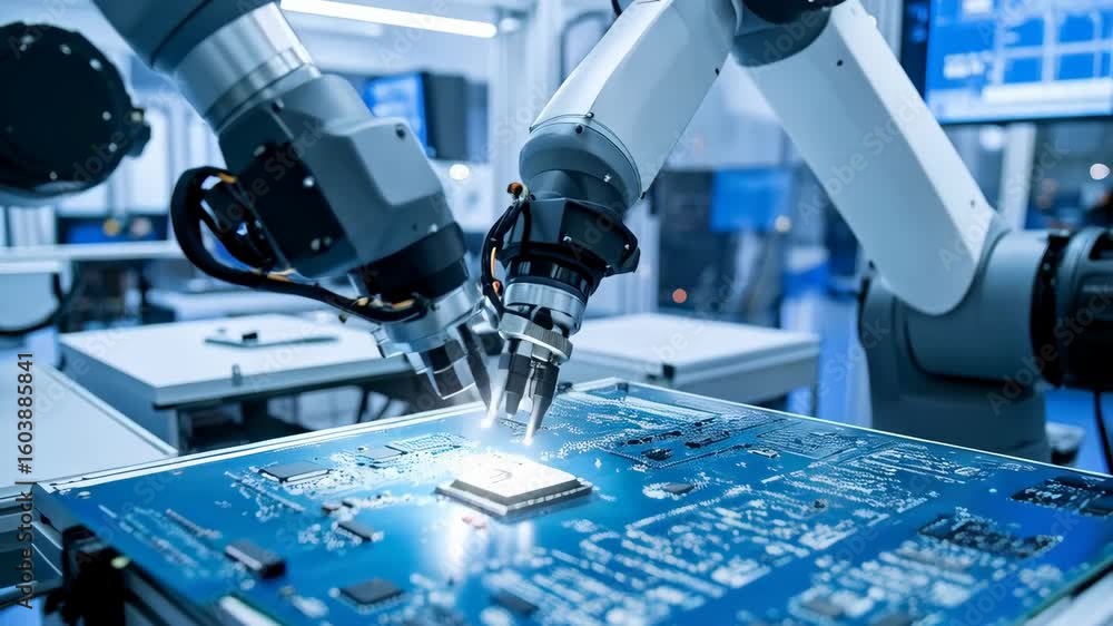 Poster automated manufacturing process with robotic arms handling printed circuit board in factory environm