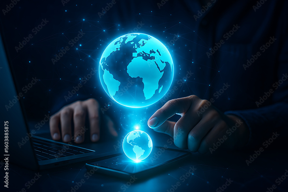 Poster technology world interaction with digital hologram of globe and human hand using smart mobile device
