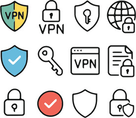 vpn and cyber security icon pack with shields padlocks and network protection symbols