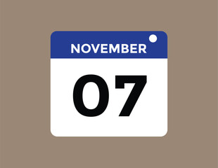 7 November, calendar date icon. 7 November Calendar Date for Deadlines or Appointment. Day, month. vector illustration.
