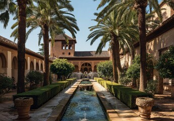 Obraz premium Serene courtyard with a long reflecting pool lined by manicured hedges and tall palm trees under a sunny sky evoking a sense of tranquility.
