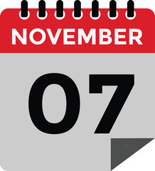7 November, calendar date icon. 7 November Calendar Date for Deadlines or Appointment. Day, month. vector illustration.
