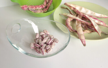Pink kidney bean pods and beans in glass bowl on kitchen table. Healthy food and vegetables. Organic seasonal farm products.