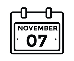 7 November, calendar date icon. 7 November Calendar Date for Deadlines or Appointment. Day, month. vector illustration.
