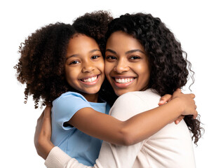 Smiling mother hugging and having fun with her daughter, family relationship transparent background.