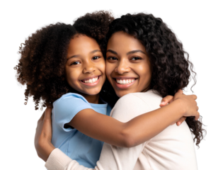 Smiling mother hugging and having fun with her daughter, family relationship transparent background.