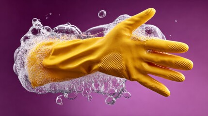 Hand is in a sink full of bubbles and water. The hand is wearing a yellow rubber glove