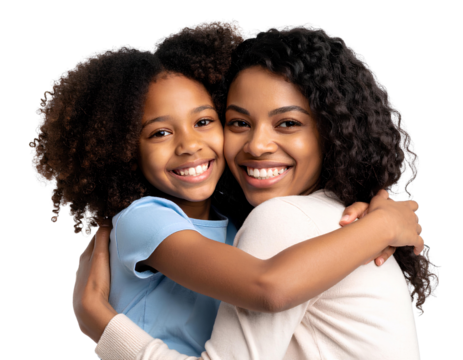 Smiling mother hugging and having fun with her daughter, family relationship transparent background.
