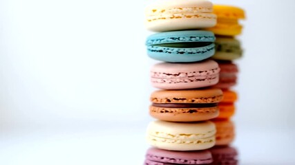 Colorful macarons stacked elegantly against a white background, showcasing vibrant hues and textures - Powered by Adobe