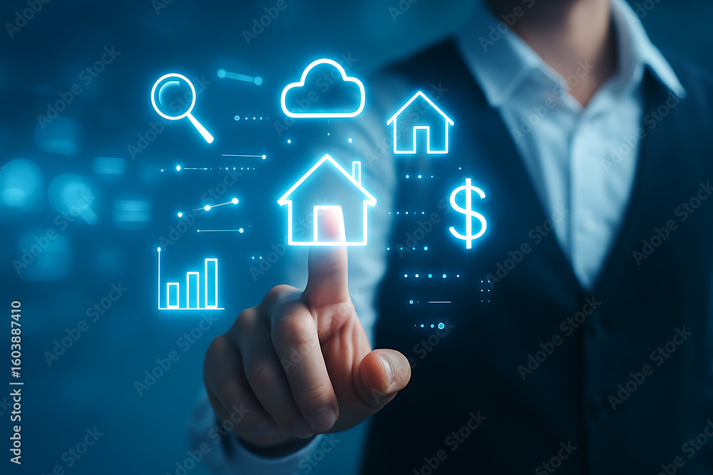 Poster real estate technology with businessman using touchscreen interface to explore housing data analytic
