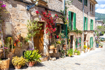 Valldemossa village on Mallorca island buildings with flowers in Spain