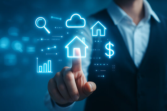 Real estate technology with businessman using touchscreen interface to explore housing data analytics cloud system and digital tools for investment and property search