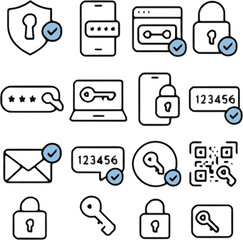 secure authentication and password protection icons with phone email laptop and qr code