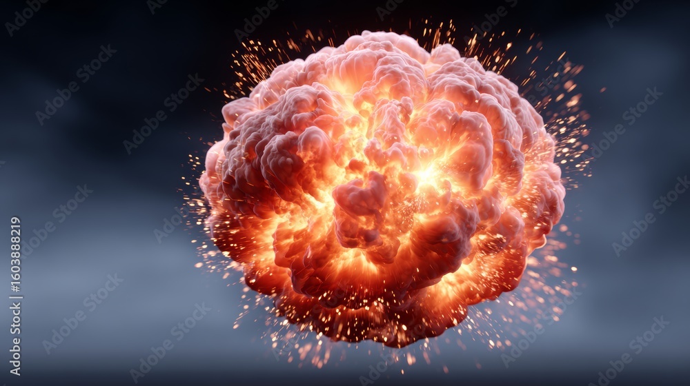 Poster large red ball of fire is exploding in the sky. concept of destruction and chaos