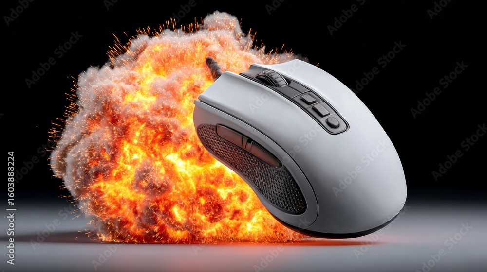 Poster white computer mouse is sitting on top of a pile of fire. the mouse is surrounded by a cloud of smok