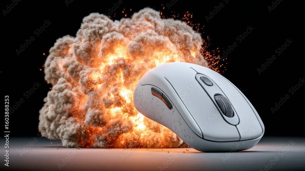Poster white computer mouse is sitting on top of a pile of debris. the mouse is surrounded by a cloud of du