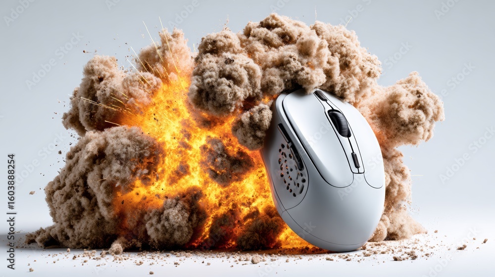 Poster white computer mouse is sitting on top of a pile of debris. the mouse is surrounded by a cloud of du