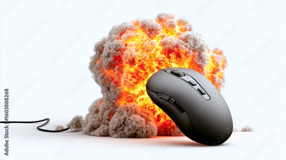 Poster computer mouse is sitting on top of a pile of ash. the mouse is black and the ash is white. the scen