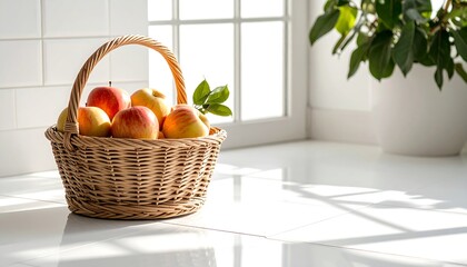 Basket of Apples Near Window in Bright Kitchen Setting