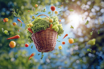 Flying vegetables, jumping in a wicker basket, bright sun, vibrant green,