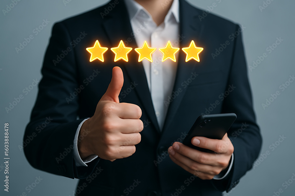 Poster businessman showing five star customer satisfaction and excellent feedback using mobile app and digi