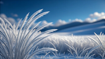 Close up of delicate white pampas grass plumes swaying gently in the soft light of a winter landscape with a blurred blue sky and distant mountains
