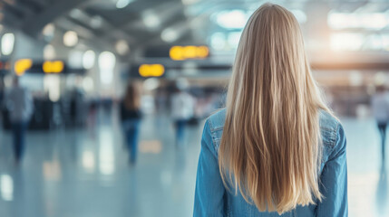 Woman with long blonde hair walking through a busy airport terminal