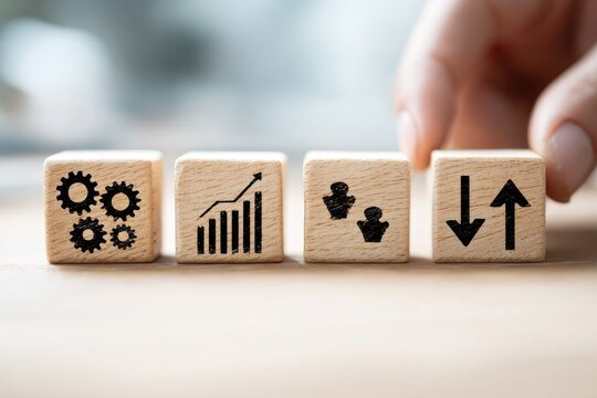 Wooden blocks with business icons, hand placing a block