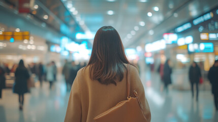 Woman walking through a busy modern airport terminal at night