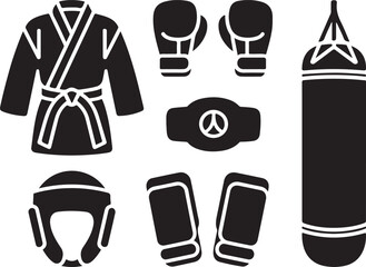 Martial Arts Equipment Icon Set – Karate Gi, Black Belt, Boxing Gloves, and Protective Gear