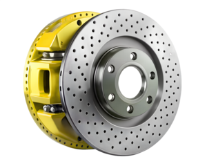 Highperformance car brake disc and caliper with drilled rotor and yellow caliper isolated on transparent background