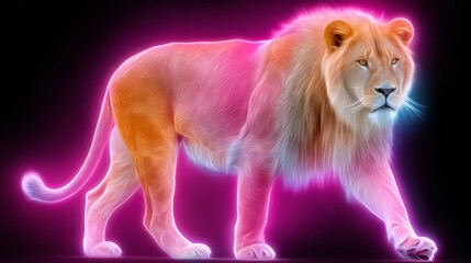 Colorful lion is walking on a black background. The colors of the lion are pink, orange, and yellow. The image has a vibrant and lively mood, as the colors of the lion are bright and eye-catching