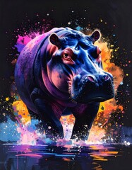 An expressive and dynamic watercolor illustration of a hippopotamus's head, with prominent features and colorful paint splatters set against an abstract background.