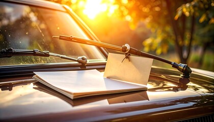Blank Card on Car Hood at Golden Hour for Message Display