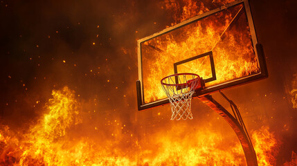 Flaming basketball hoop engulfed in fire intense heat burning inferno