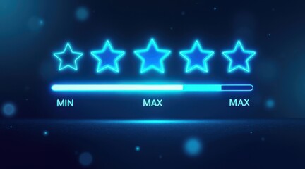 Obraz premium Five star rating system with neon blue stars and progress bar