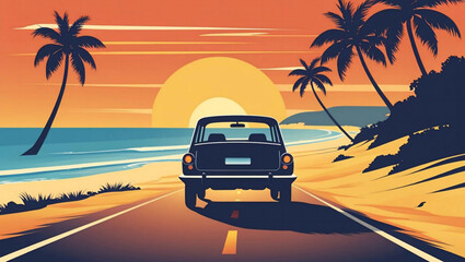 Classic Car Driving on Tropical Beach Road at Sunset with Palm Trees Vector Illustration