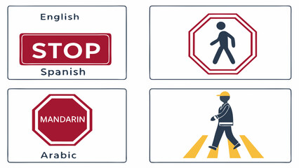 Minimalist Vector Collection of Pedestrian and Road Sign Icons for Urban Traffic Safety and Navigation with Clear Visual Symbols and Modern Design for All Road Users and Authorities