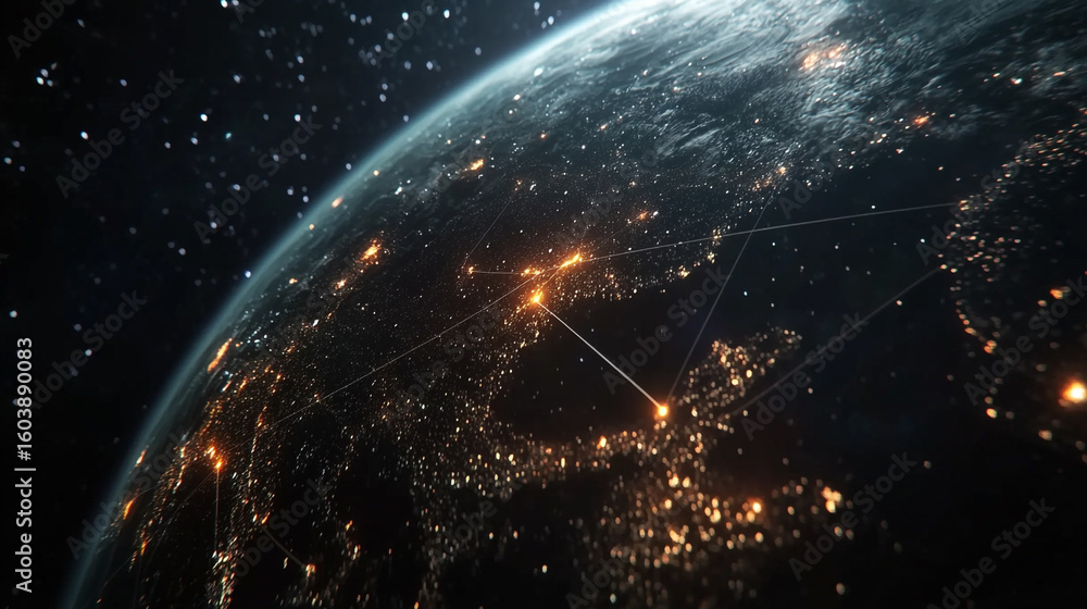 Poster global network connections illuminating earth at night a view from space showing city lights and dat