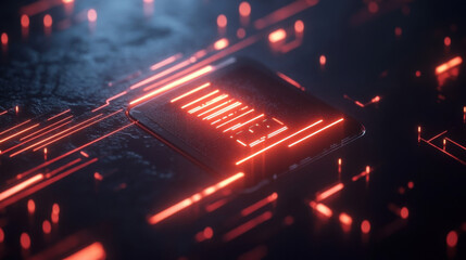 Abstract glowing red circuit board with digital data streams and particles