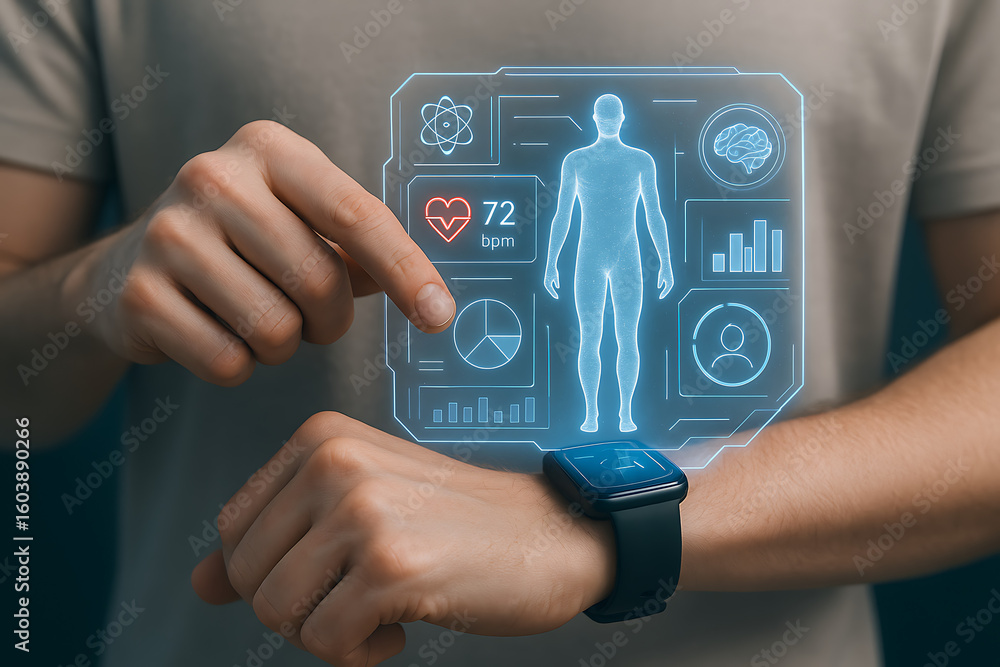 Poster smartwatch displaying digital human body vitals with real time pulse monitoring biometric stats and 