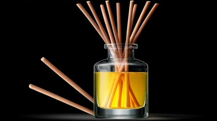 Vase of incense sticks is sitting on a table. The sticks are arranged in a way that they are leaning on the vase. The vase is filled with a yellow liquid, which is likely the incense oil